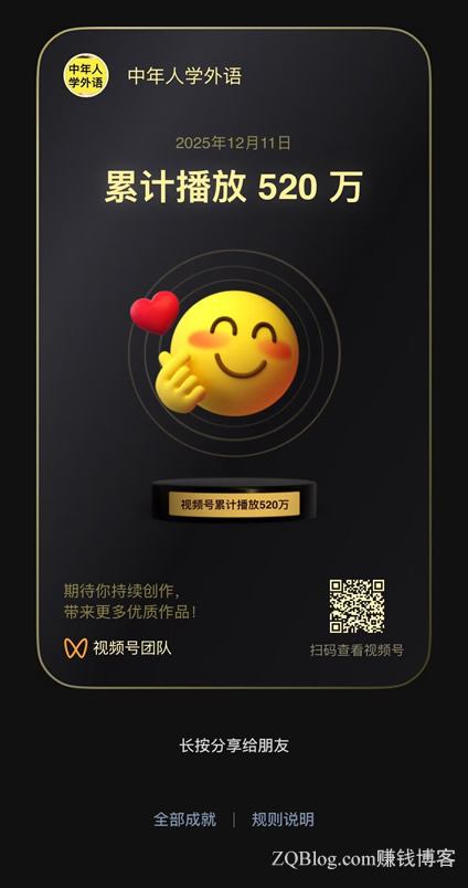 ZQBLOG站长视频号流量突破520万