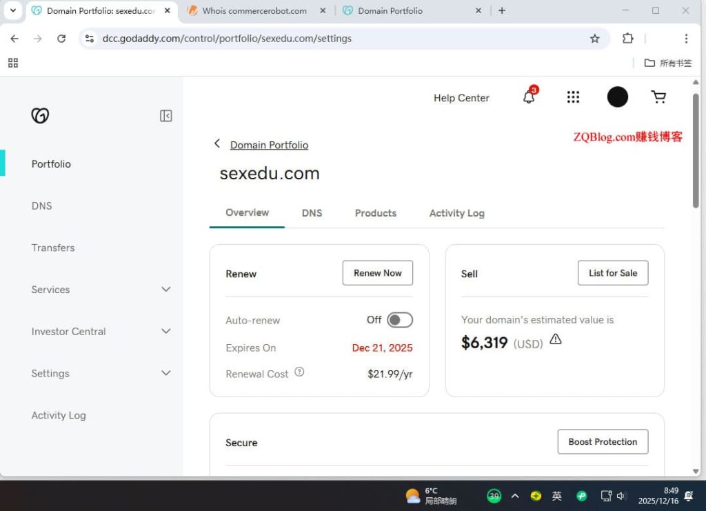 godaddy的COM域名续费价格21.99美金